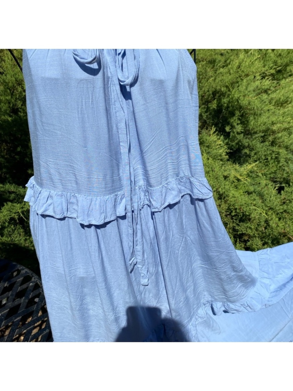 Sleeveless Light Blue Tiered Midi Dress with Tie Neck - Picture 3 of 11